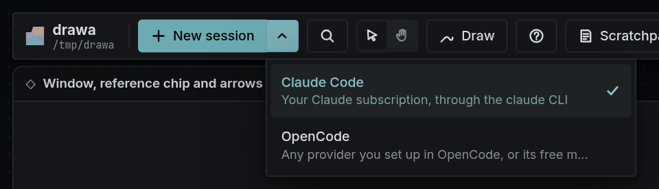 The New session menu listing the installed agents: Claude Code and OpenCode