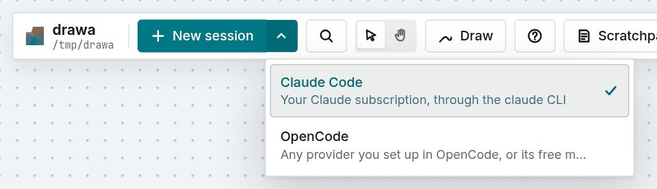 The New session menu listing the installed agents: Claude Code and OpenCode