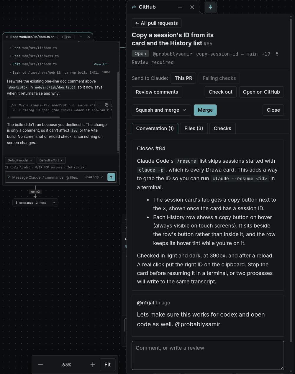 The GitHub window pinned to the sidebar beside a session card, showing a pull request with Send to Claude, Merge and its conversation