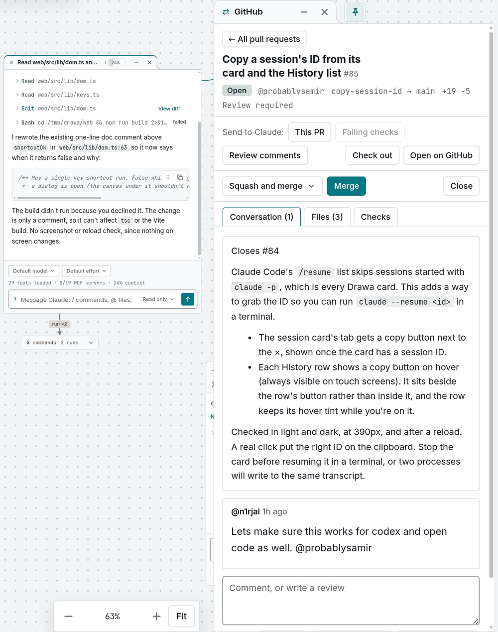 The GitHub window pinned to the sidebar beside a session card, showing a pull request with Send to Claude, Merge and its conversation