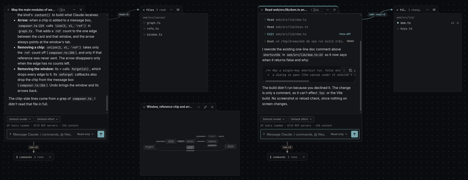 The Drawa canvas: session cards, each wired to a window of the files its agent read, edited and wrote, with a diagram beside them